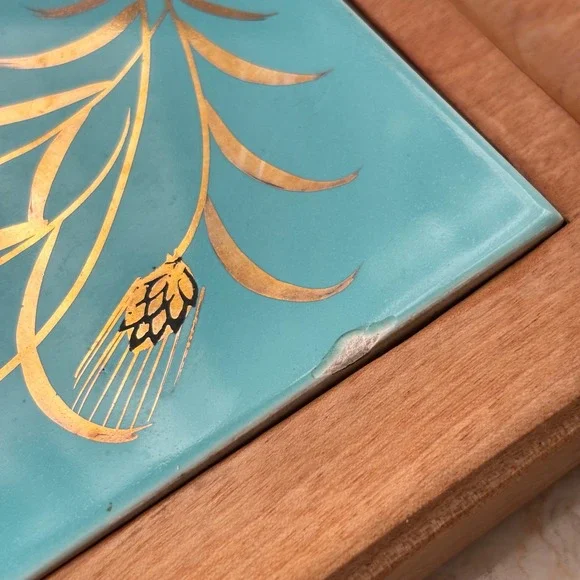 Vintage Mid Century Modern Wheat Design Serving Tray with Turquoise Tile - Picture 12 of 13